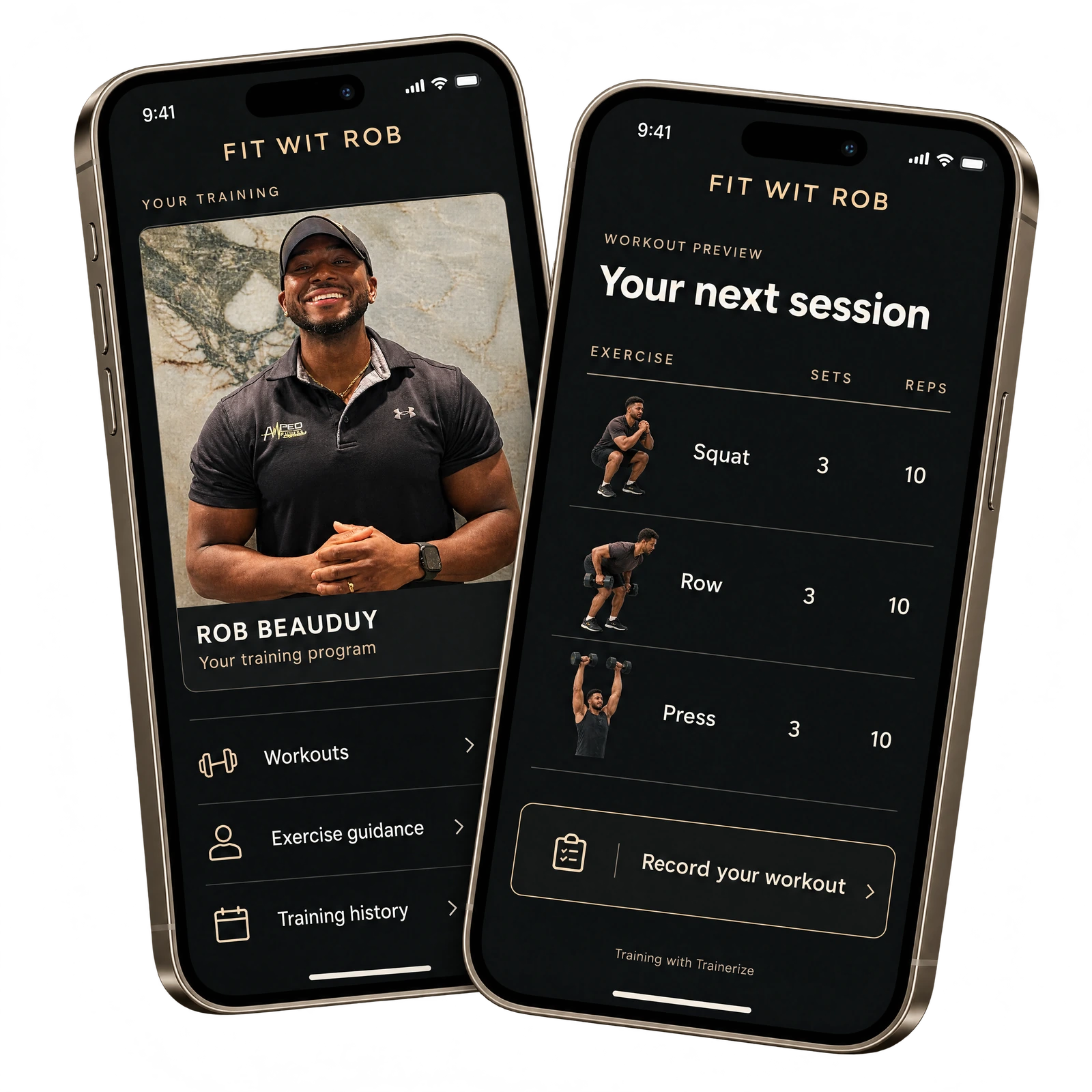 Illustrative Fit Wit Rob workout preview on two phones, with Rob’s portrait and a sample exercise list.