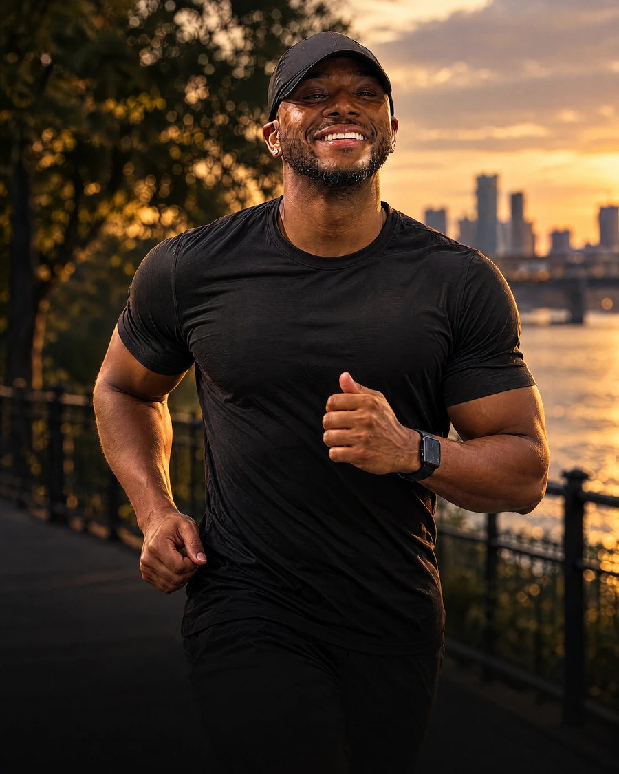 Editorial image of Rob running outdoors at dusk.