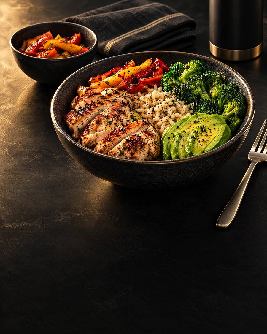 Editorial food photograph of chicken, rice and vegetables in a dark bowl.